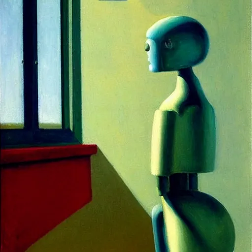 Prompt: robot looking at a sky in front of a window by edward hopper
