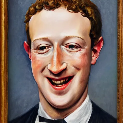 Image similar to “a deliriously happy king mark zuckerberg, portrait oil painting by Otto Dix, oil on canvas (1921)”