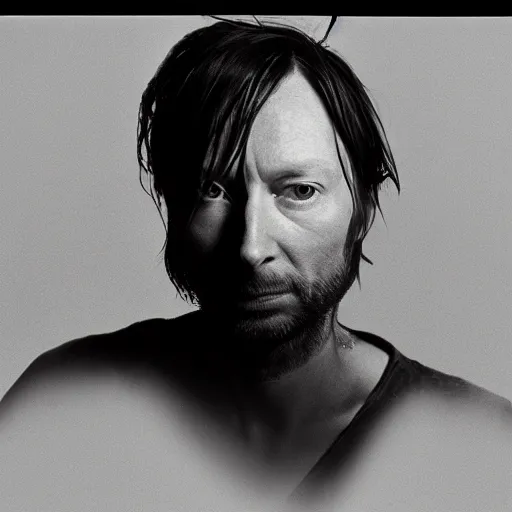 Image similar to Radiohead's Thom Yorke, with a beard and a black shirt, a computer rendering by Martin Schoeller, cgsociety, de stijl, uhd image, tintype photograph, studio portrait, 1990s, calotype