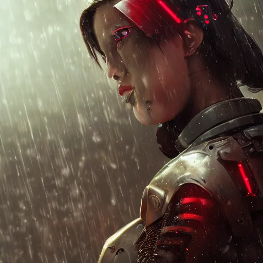 Image similar to An realistic epic fantastic comic book style portrait painting of a female cyber samurai by WLOP, black and reddish color armor, cyberpunk feel raining at tokyo rooftop, Concept world Art, unreal 5, DAZ, hyperrealistic, octane render, cosplay, RPG portrait, dramatic lighting, rim lights