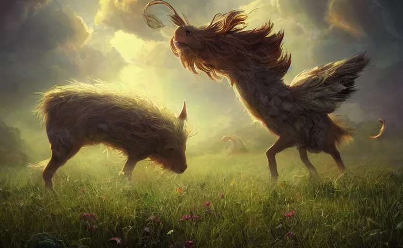 Prompt: a whimsical magical creature in a field, beautiful, cool dynamic lighting, atmospheric, cinematic, highly detailed digital art, painted by scott musgrove