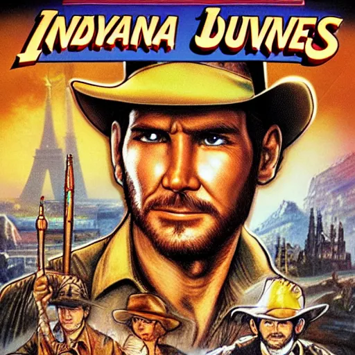 Prompt: video game box art of a commodore 6 4 game called indiana jones goes to paris, 4 k, highly detailed cover art.