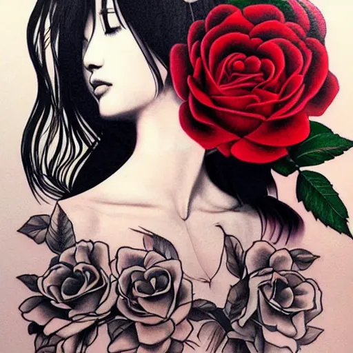 Prompt: tattoo design, stencil, traditional, portrait of a beautiful japanese girl framed by roses by artgerm, artgerm