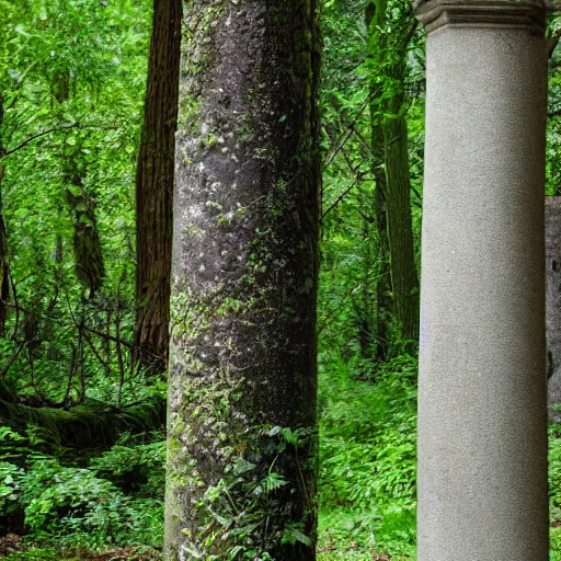 Prompt: a dense forest with a strange concrete pillar in it, with vines growing on the pillar.