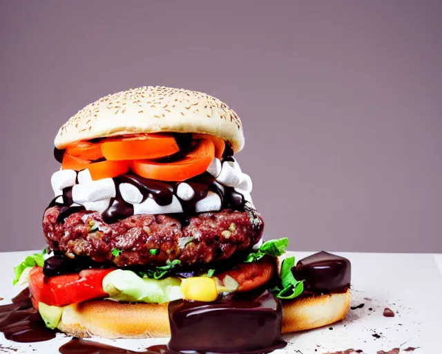 Prompt: dslr food photograph of burger with a layer of marshmallows in it, chocolate sauce, 8 5 mm f 1. 4