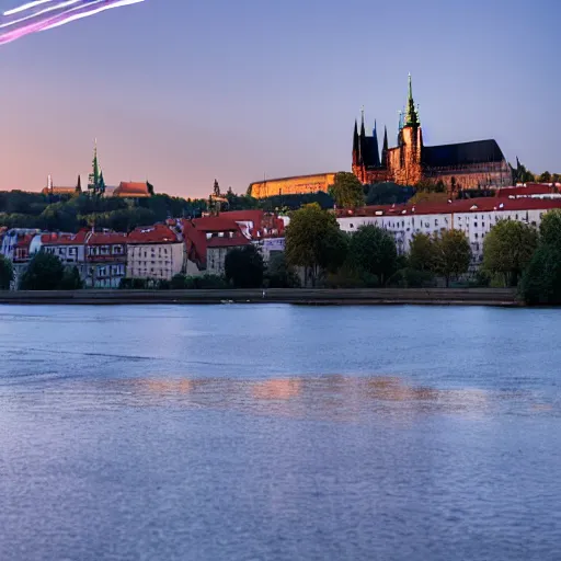 Image similar to a falcon 9 rocket launching from a river platform on Vltava river at sunset , background is the skyline of Prague castle, Charles bridge in the foreground, artistic photo