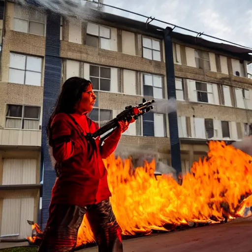 Image similar to Priti Pattel Weilding A flamethrower, firing it into a building, medium shot photo 8k ultrahd