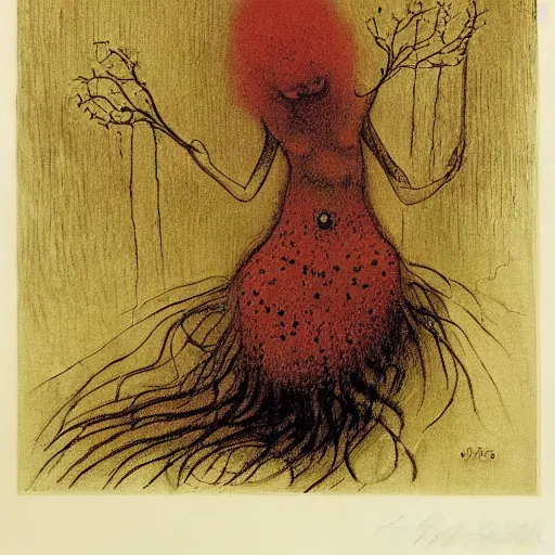 Prompt: the polyp goddess stretches her fungal spores amidst tick tock wretches and one two three, lithography print by Odilon Redon