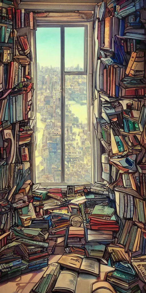 Prompt: first person view. detailed. digital art. looking at the foot of my bed, inside my room. futuristic scifi lower middle class interior. messy with a lot of books and papers everywhere. futuristic jerusalem can be seen outside the window. jewish art and judaica all over the room