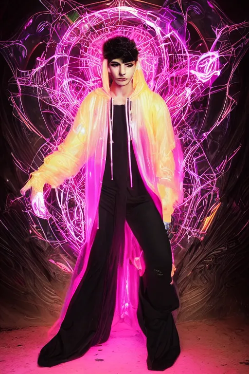Prompt: full-body baroque and cyberpunk style neon statue of a attractive pale Zayn Malik as a humanoid deity wearing a thin see-through plastic hooded cloak sim roupa, posing like a superhero, glowing peach face, crown of pink lasers, large diamonds, swirling black silk fabric. futuristic elements. oozing glowing liquid, full-length view. space robots. human skulls. throne made of bones, intricate artwork by caravaggio. Trending on artstation, octane render, cinematic lighting from the right, hyper realism, octane render, 8k, depth of field, 3D