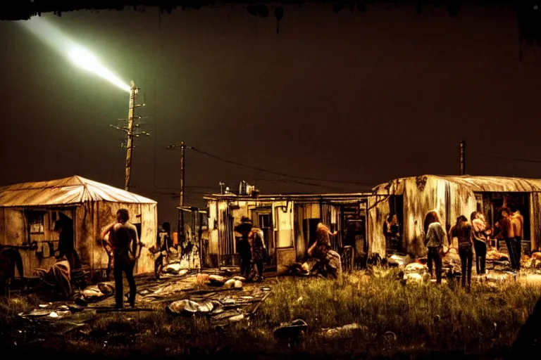 Image similar to post apocalyptic us dinner being used as a shelter, dystopian, people huddled, night, spot lights, rust