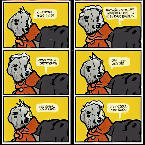 Image similar to “four-panel comic of a dog having a revelation”