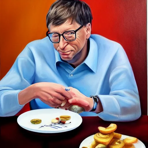 Prompt: an hyper realistic oil painting of Bill Gates eating pharmaceutical products, sitting at a table with a plate full of syringes and pills, looking very sad, trending on artstation,