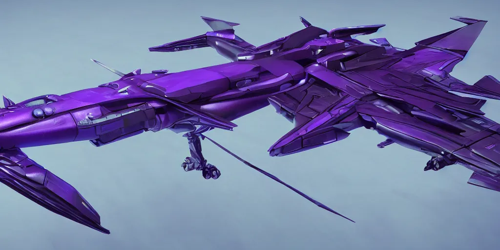 Image similar to cyberpunk concept inspired jet, futuristic look, highly detailed body, aerodynamic body, photorealistic camera shot, bright studio setting, studio lighting, crisp quality and light reflections, unreal engine 5 quality render, purple and dark tones