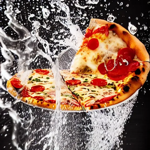 Image similar to pizza splashing into a pitcher of water, food photography gourmet, trendy food, macro photography, high contrast, slow - mo high speed photography