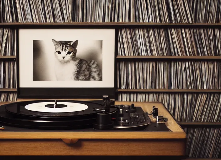 Image similar to photography of a Cat sitting on a record player. in a room full of posters, photorealistic, raining award winning photo, 100mm, sharp, high res