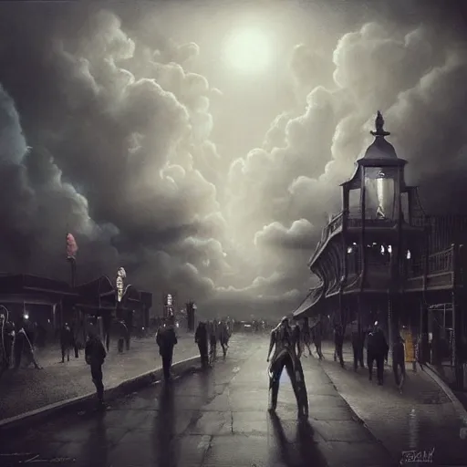 Prompt: By Tom Bagshaw, ultra realist soft painting of a curiosity carnival by night, a beautiful gunslinger in detective wear, symmetry accurate features, very intricate details, ominous sky, black and white, volumetric light clouds