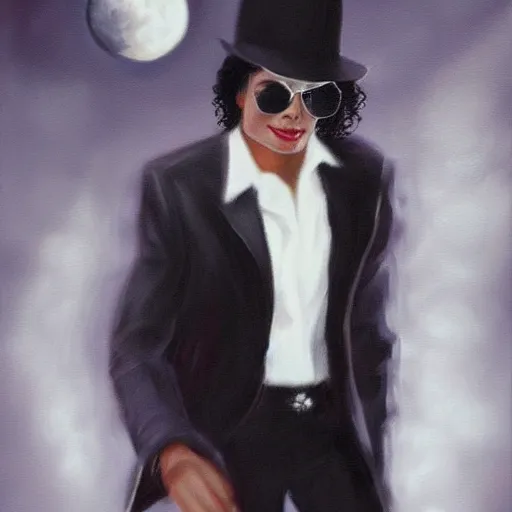 Image similar to paining of Michael Jackson moon walking, white suit and hat, trending on Artstation