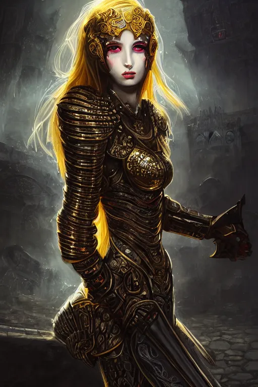 Image similar to portrait knights of Zodiac girl+smoky eyes, metalic black and red mirror reflected armor, in ruined Agora of Athens black magic, ssci-fi, fantasy, intricate, very very beautiful, elegant, golden light, highly detailed, digital painting, artstation, concept art, smooth, sharp focus, illustration, art by tian zi and WLOP and alphonse mucha