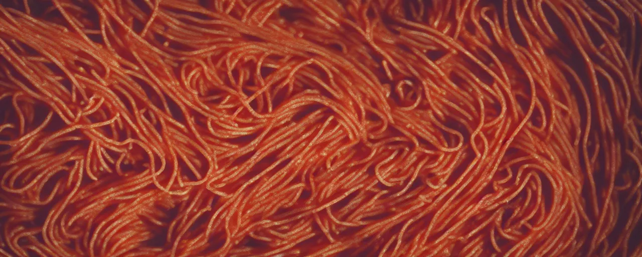 Image similar to full bleed macro shot of spaghetti texture, intricate, canon 1 0 0 mm, cinematic lighting, wes anderson film, kodachrome