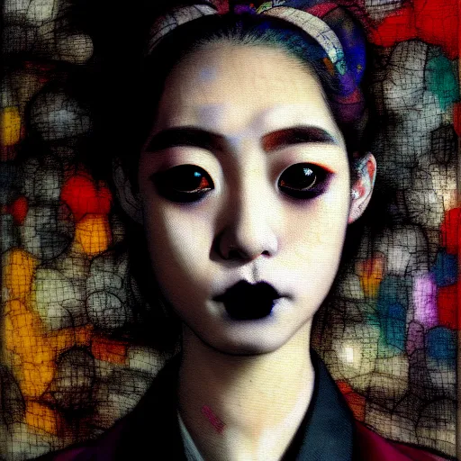 Image similar to yoshitaka amano blurred and dreamy realistic three quarter angle portrait of a young woman with black lipstick and black eyes wearing dress suit with tie, junji ito abstract patterns in the background, satoshi kon anime, noisy film grain effect, highly detailed, renaissance oil painting, weird portrait angle, blurred lost edges