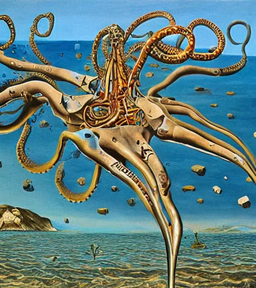 Image similar to a cybernetic realistic Callistoctopus macropus found giving a lecture in a shallow area of the Mediterranean Sea, 9pm in Cap de Creus, oil painting by Salvador Dali