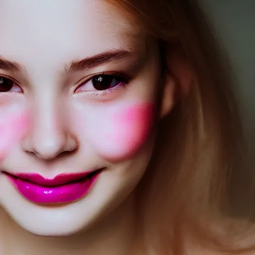 Image similar to gentle smile of a girl with light pink lipstick, close-up, color old photo, blur, soft shadows, volumetric light