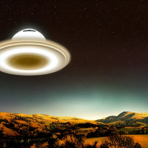 Prompt: UFO over a small mountain town, realistic, night, dramatic lighting,