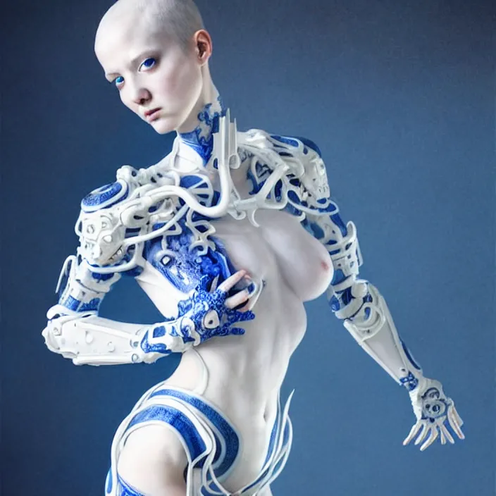 Prompt: porcelain cyborg, Chinese Blue and white porcelain exoskeleton 14th century, diffuse lighting, fantasy, intricate, elegant, highly detailed, lifelike, photorealistic, digital painting, artstation, illustration, concept art, smooth, sharp focus, art by John Collier and Albert Aublet and Krenz Cushart and Artem Demura and Alphonse Mucha