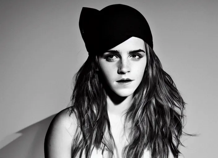 Image similar to photo portrait of emma watson with a funny hat, serious face, black and white, beautiful