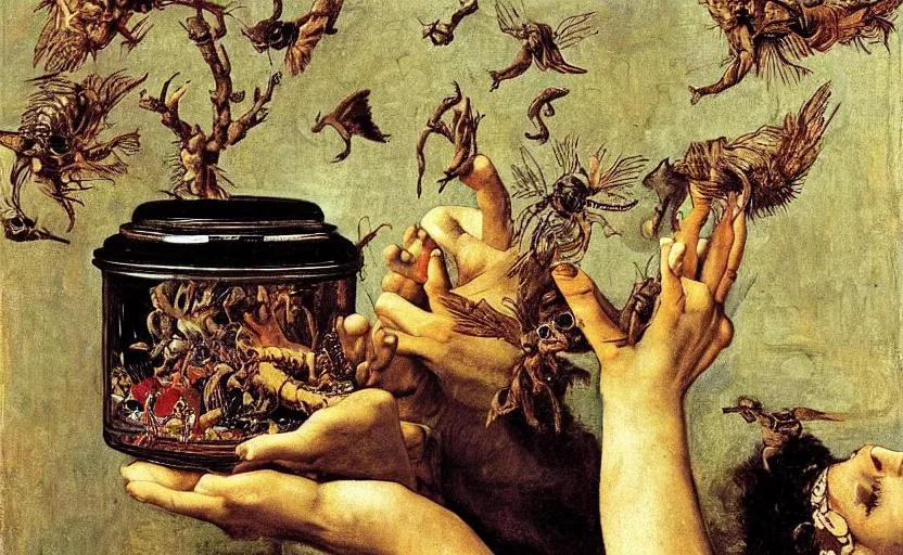 Prompt: a painting of pandora opening her jar, releasing monsters and critters that impersonate sickness and death, misery, she is fully dressed, a masterpiece by artemisia gentileschi, critters flying around