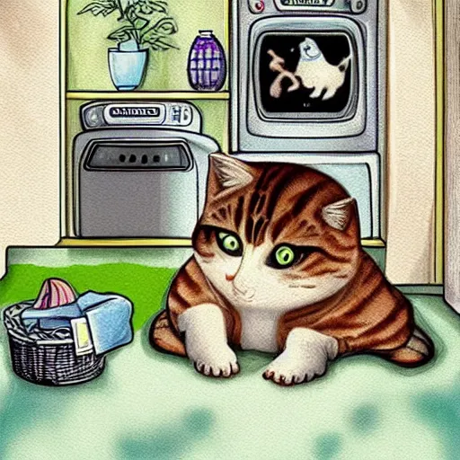 Prompt: story book illustration of laundry made from cat, art station trending.