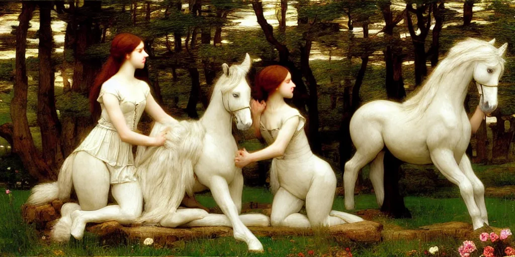 Image similar to 3 d precious moments plush horse, realistic fur, master painter and art style of john william waterhouse and caspar david friedrich and philipp otto runge