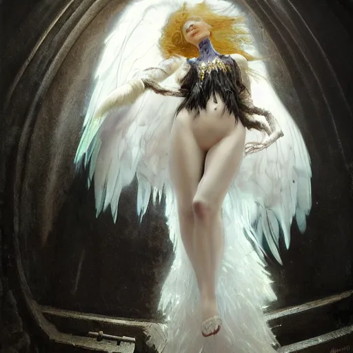 Image similar to hyperrealistic portrait of an angel woman descending onto a stone room in darkness with the damned screaming in despair, white swan dress long feathers and sapphire jewellery by jeremy mann and alphonse mucha, high shadow contrast, daydreaming hell, fantasy art, photo realistic, dynamic lighting, artstation, poster, volumetric lighting, very detailed faces, 4 k, award winning