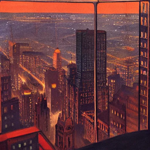 Prompt: muted color ultra realistic painting of 1 9 2 5 boston downtown at night in doctor strange's mirror dimension, aerial view, dark, brooding, night, atmospheric, horror, cosmic, ultra - realistic, smooth, highly detailed in the style of clyde caldwell