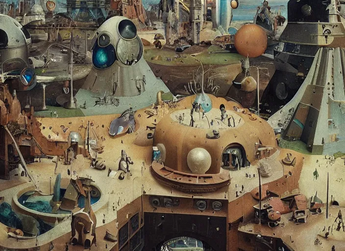 Image similar to an intricately detailed scene from a sci-fi movie by Hieronymus Bosch, Wes Anderson and Syd Mead