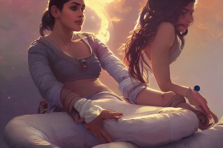 Image similar to Sensual good looking pale young Indian doctors wearing jeans in a space station above Earth, portrait, elegant, intricate, digital painting, artstation, concept art, smooth, sharp focus, illustration, art by artgerm and greg rutkowski and alphonse mucha