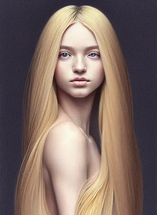 Image similar to symmetry!! portrait of young woman blessed with ever - increasing physical and mental perfection, slice - of - life, realism, luxurious long blonde hair, perfect face!! intricate, elegant, highly detailed, holy perfection!! digital painting, artstation, concept art, smooth, sharp focus, illustration, single subject, art by artgerm and greg rutkowski and alphonse mucha