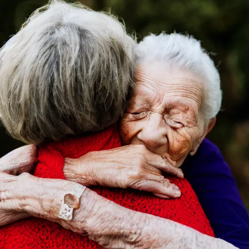 Prompt: an elderly lady hugging her 15 year old granddaughter