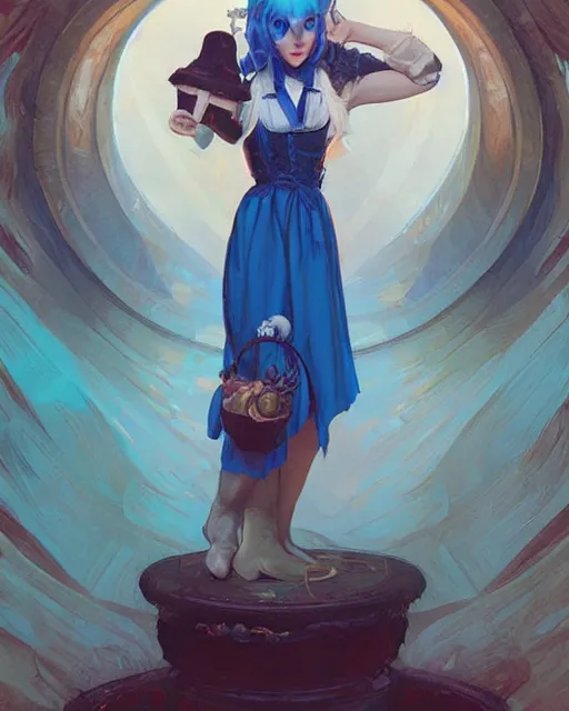 Image similar to symmetrical portrait of a pretty girl with blue hair dressed as alice and wonderland, digital painting, 8 k, concept art, art by wlop, artgerm, greg rutkowski and alphonse mucha