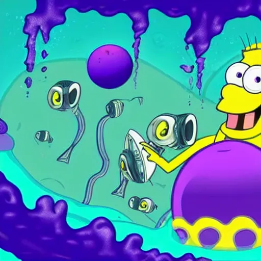 Image similar to Giant purple sphere of slime floating above an underwater city, cartoon artwork, in the style of Spongebob