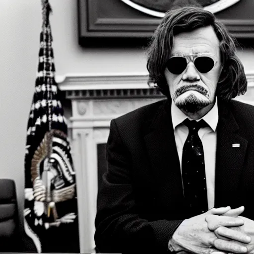 Image similar to a photograph of the unabomber wearing a suit in the oval office