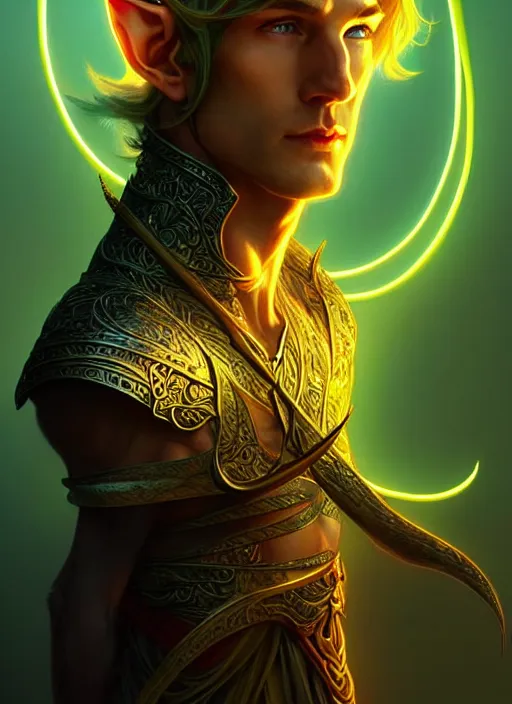 Image similar to meditative elven male adventurer, dnd fantasy character full - body portrait, glowing neon skin, magical aura, ultra realistic, intricate, elegant, highly detailed, digital painting, artstation, smooth, sharp, focus, illustration, art by artgerm and greg rutkowski and alphonse mucha