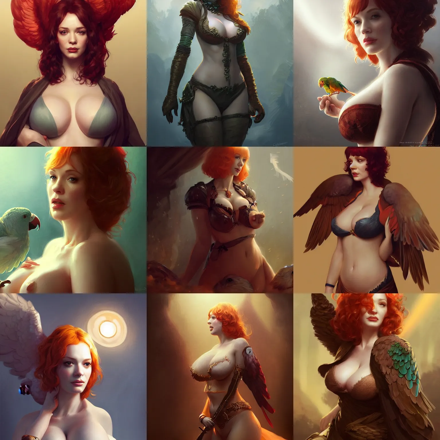Prompt: christina hendricks with covered breast, with a big parrot, cinematic lighting, highly detailed, concept art, art by wlop and artgerm and greg rutkowski, masterpiece, trending on artstation, 8 k