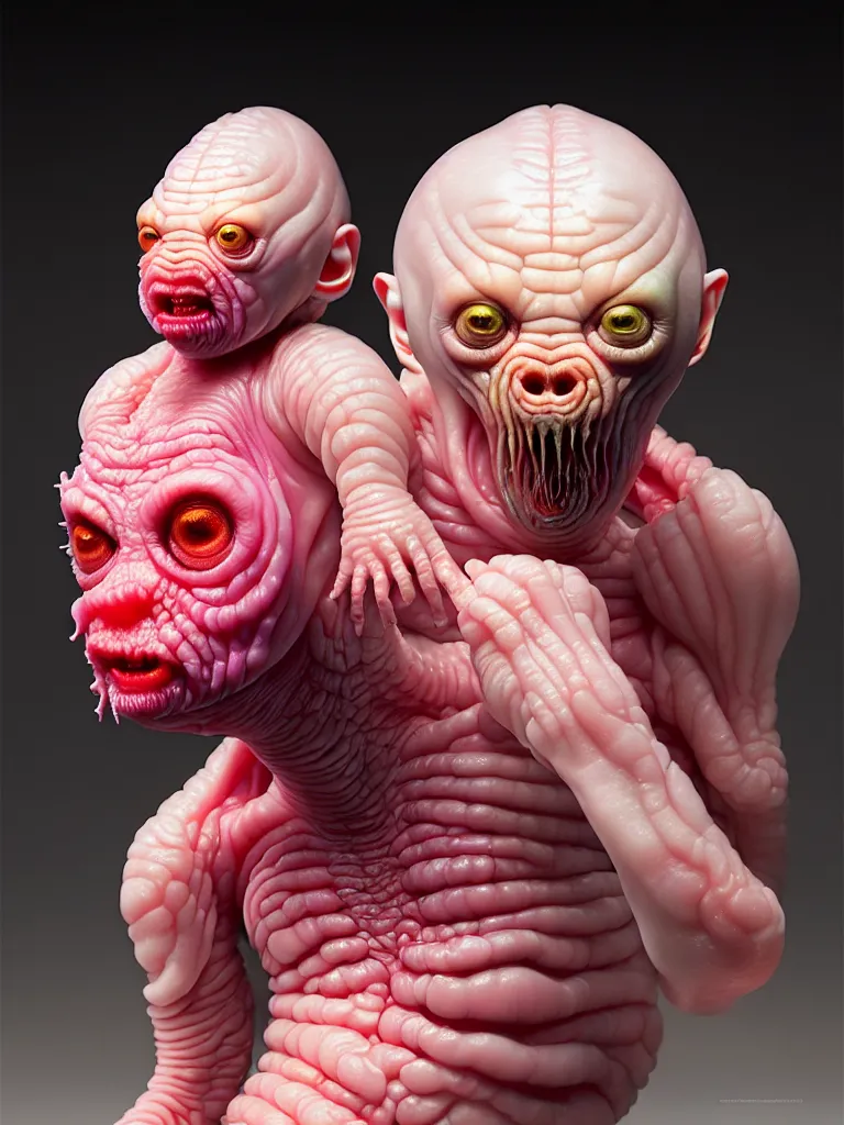 Image similar to hyperrealistic subsurface scattering rendering, fat smooth cronenberg flesh monster albino translucent baby by donato giancola and greg rutkowski and wayne barlow and zdzisław beksinski, product photography, action figure, sofubi, studio lighting, colored gels