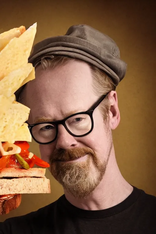 Image similar to 📷 portrait of adam savage is a sandwich, food head, still image, dynamic lighting, 4 k