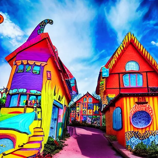 Prompt: a phantasy village with colorful buildings designed by Tim Burton