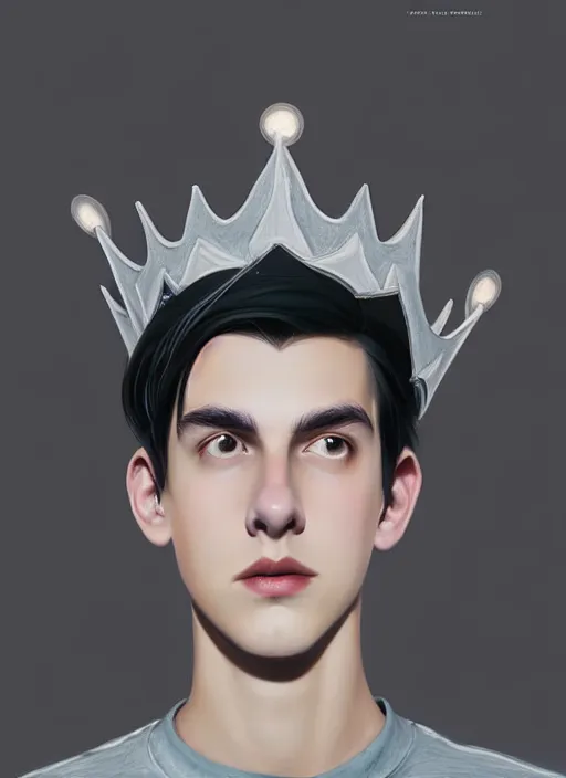 Image similar to portrait of teenage jughead jones wearing a light grey crown, photorealistic, crown, eyes closed, crown, black hair, intricate, elegant, glowing lights, highly detailed, digital painting, artstation, concept art, smooth, sharp focus, illustration, art by wlop, mars ravelo and greg rutkowski