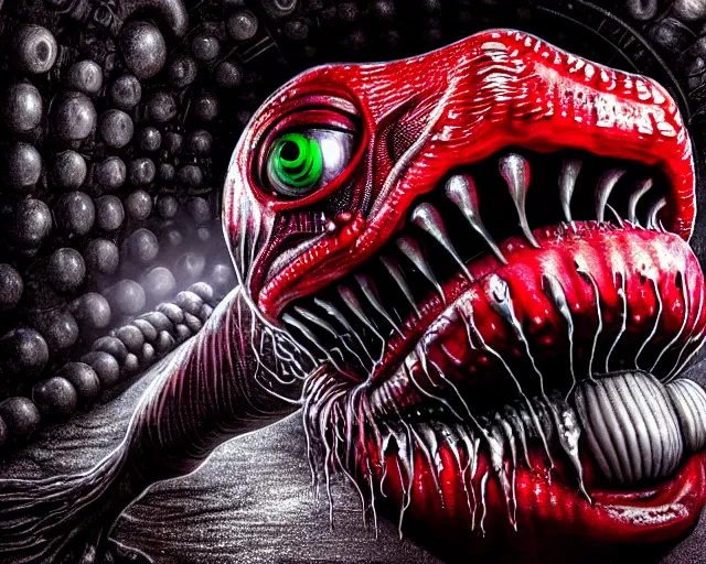 Image similar to realistic long textured tongue demon wet humanoid alien, smoke, mouth in mouth, large alien eyes, metallic reflective human teeth dripping greenish acid saliva from teeth, thin red veins, intricate grey fish scales, ornate, cinematic light shadows, reflections, crawling in a wet sewer pipe, dim flashlight lighting, insanely detailed, fisheye lens