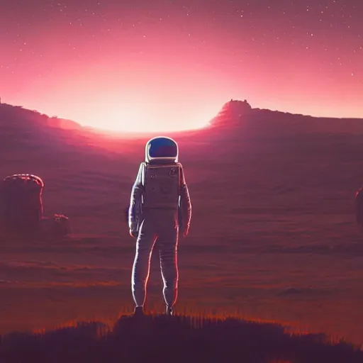 Image similar to a lonely astronaut overlooking at an amazing alien landscape and the universe, digital art, breathtaking, golden ratio, extremely detailed, establishing shot, hyperrealistic, cinematic lighting, particles, unreal engine, simon stålenhag, rendered by Beeple, Makoto Shinkai, syd meade, simon stålenhag, Ruan Jia, Kentaro Miura, environment concept, artstation, octane render, 4K UHD image